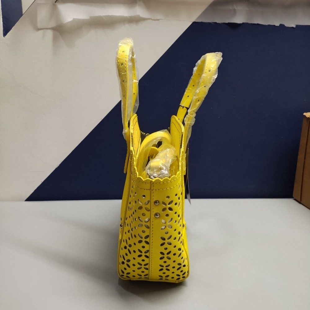 B. Makowsky Perforated Saffiano Mini Tessa Tote Bag Women Yellow Crossbody Strap - Picture 4 of 8